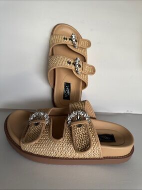 Rachel Tan Woven Women’s Slide Sandals with Crystal Accent Size 6.5